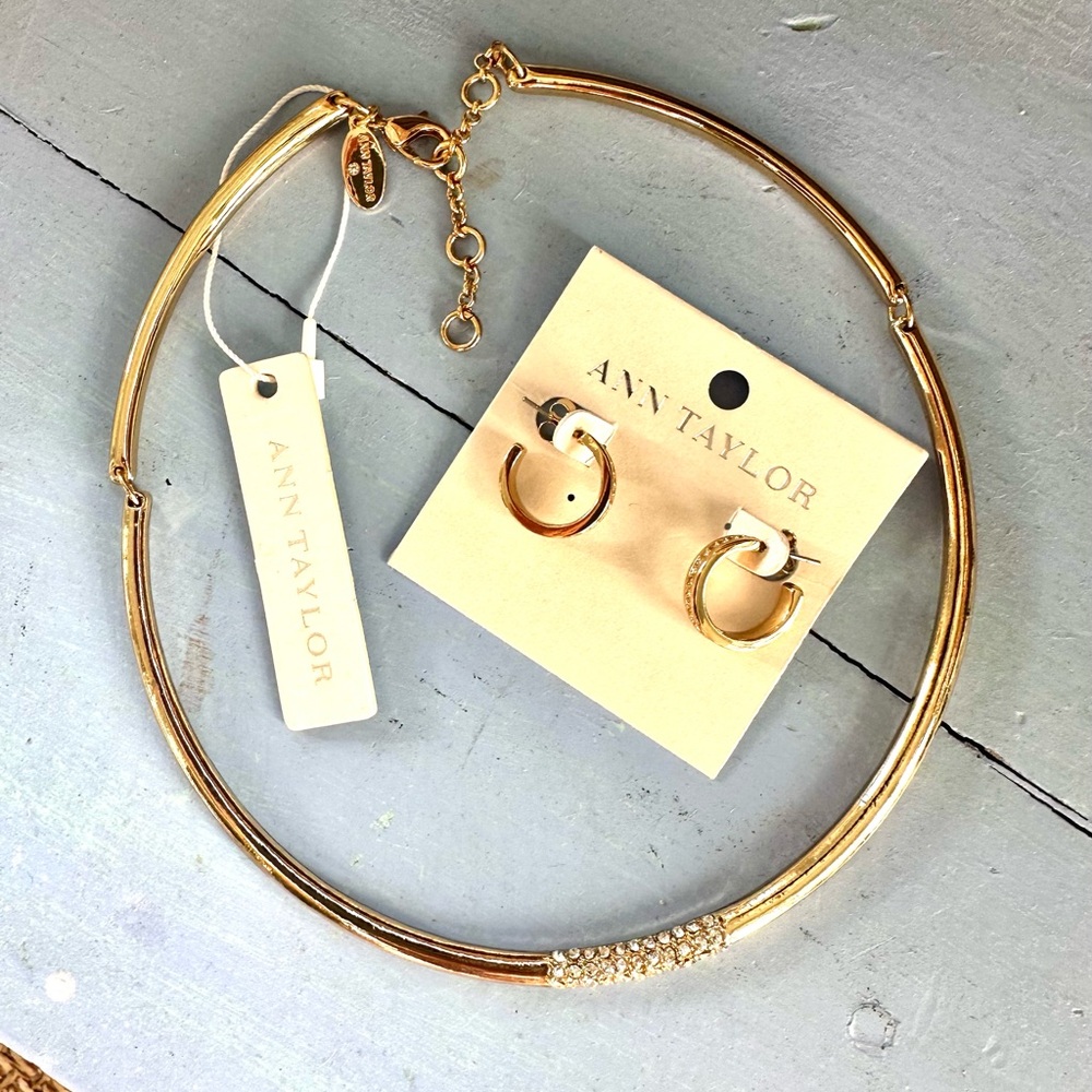 Ann Taylor Gold Rhinestone Choker Collar Necklace & Earrings Set NWT